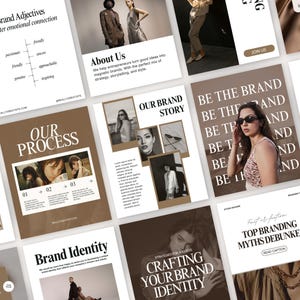 Op de afbeelding: Een verzameling marketingmaterialen met een bruin en wit kleurenschema. De materialen bevatten tekst zoals "Brand Adjectives", "Our Process" en "Be the Brand". De afbeelding bevat ook foto's van mensen.