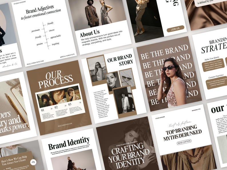 Op de afbeelding: Een verzameling marketingmaterialen met een bruin en wit kleurenschema. De materialen bevatten tekst zoals "Brand Adjectives", "Our Process" en "Be the Brand". De afbeelding bevat ook foto's van mensen.