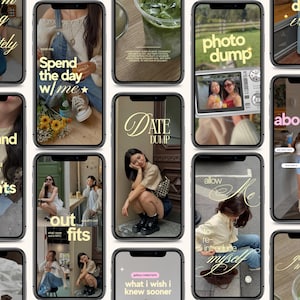 May include: A collection of smartphone screens displaying social media story templates with various lifestyle photos, including outfits, food, and travel, featuring overlay text such as 'Spend the day w/ me', 'photo dump', 'DATE DUMP', and 'outfits'.