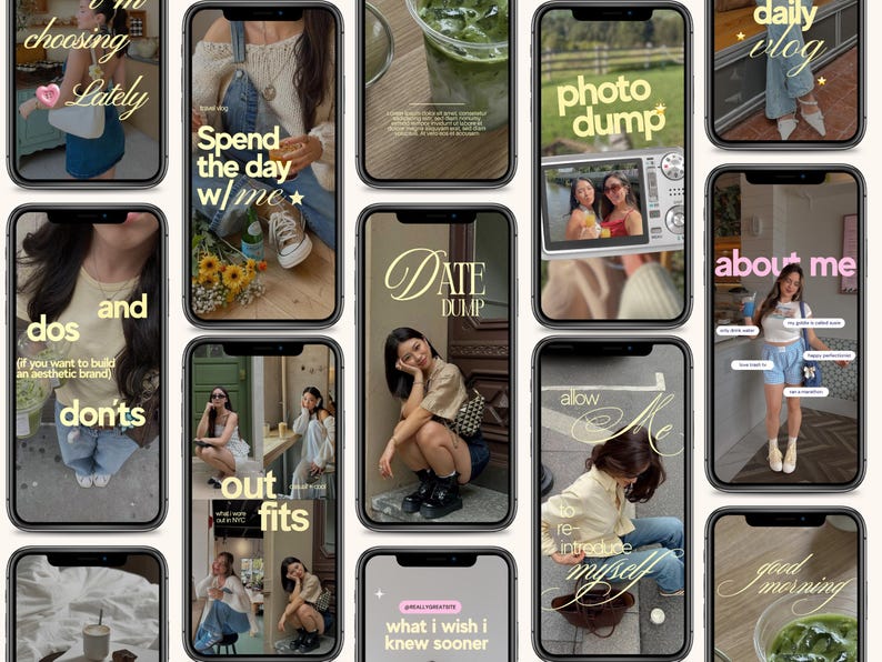 May include: A collection of smartphone screens displaying social media story templates with various lifestyle photos, including outfits, food, and travel, featuring overlay text such as 'Spend the day w/ me', 'photo dump', 'DATE DUMP', and 'outfits'.