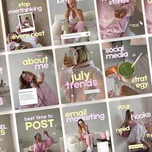 May include: A grid of social media content templates featuring light pink and neutral tones. The images display text overlays including phrases like stop overthinking, about me, july trends, social media strategy, and email marketing.