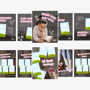 May include: A collection of book-themed graphics with text overlays. The image includes the phrases "Atmospheric Fantasy," "Slow-Burn Romance," "Rainy Days Good Books," "Heartfelt Classics," and "25 Book Challenge." The graphics feature illustrations of landscapes and a person reading.