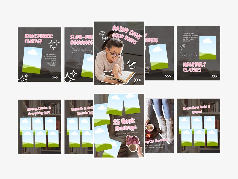May include: A collection of book-themed graphics with text overlays. The image includes the phrases "Atmospheric Fantasy," "Slow-Burn Romance," "Rainy Days Good Books," "Heartfelt Classics," and "25 Book Challenge." The graphics feature illustrations of landscapes and a person reading.