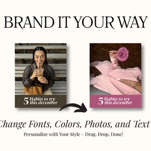 May include: Graphic with the text "BRAND IT YOUR WAY" and "Change Fonts, Colors, Photos, and Text". Two images are shown, one with a person holding a drink and the other with a pink flower. The text "5 Habits to try this december" is below each image.