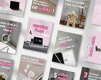 40 Pink Aesthetic Instagram Carousel Covers for Digital Product Sellers PLR, Cozy IG Linkedin TikTok Carousel, Editable Viral Canva Template