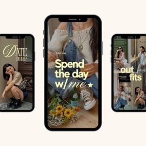 May include: Three black smartphones displaying social media content. The left screen shows text "DATE DUMP" and a person crouching. The center screen shows "travel vlog Spend the day w/me" with a person in denim overalls. The right screen shows "out fits".