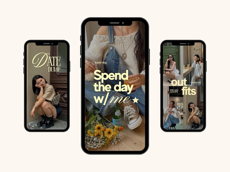May include: Three black smartphones displaying social media content. The left screen shows text "DATE DUMP" and a person crouching. The center screen shows "travel vlog Spend the day w/me" with a person in denim overalls. The right screen shows "out fits".