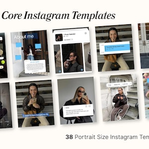 May include: A collection of Instagram templates with a neutral color palette. The templates feature lifestyle photos with text overlays, including phrases like "About me" and "5 habits that changed my life." The text "Ios Core Instagram Templates" and "38 Portrait Size Instagram Templates" are also visible.