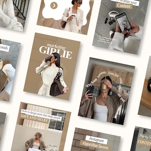 May include: A collection of social media marketing templates featuring neutral-toned lifestyle photography, including images of coffee, handbags, and professional attire, overlaid with white text such as Marketing Girlie and Brand Marketing.