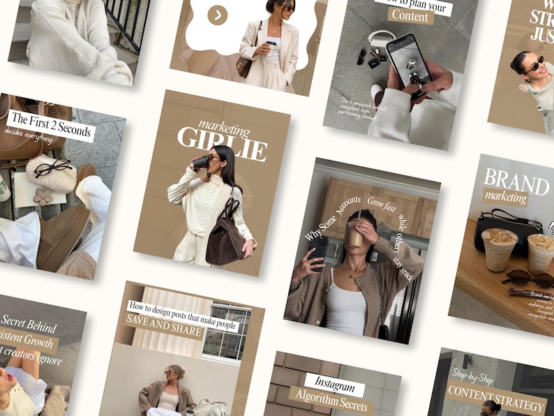 May include: A collection of social media marketing templates featuring neutral-toned lifestyle photography, including images of coffee, handbags, and professional attire, overlaid with white text such as Marketing Girlie and Brand Marketing.