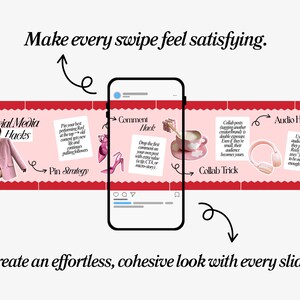 May include: An infographic with a smartphone graphic in the centre, surrounded by pink and red panels with social media tips. Text includes "Social Media Hacks," "Pin Strategy," "Comment Hack," "Collab Trick," and "Audio Hack."