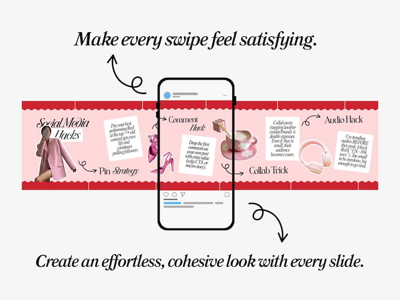 May include: An infographic with a smartphone graphic in the centre, surrounded by pink and red panels with social media tips. Text includes "Social Media Hacks," "Pin Strategy," "Comment Hack," "Collab Trick," and "Audio Hack."