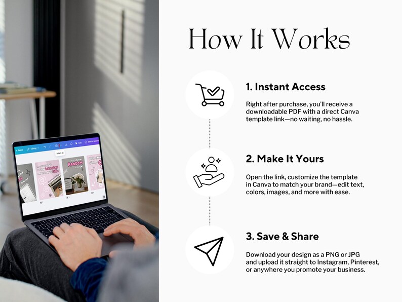 May include: A laptop displaying a Canva template is held by a person. The screen shows a design with pink and white elements. Text on the screen and in the background explains how the template works.