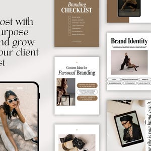 Op de afbeelding: Een verzameling branding- en marketingmaterialen, waaronder checklists, contentidee&euml;n en merkidentiteitsgidsen. De afbeelding toont een smartphone met een persoon met een zonnebril en de tekst "Post with purpose and grow your client list."