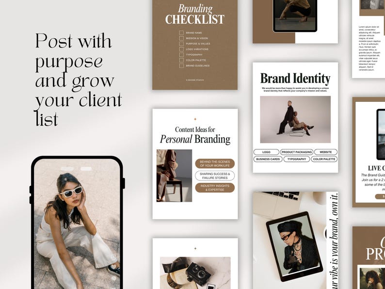Op de afbeelding: Een verzameling branding- en marketingmaterialen, waaronder checklists, contentidee&euml;n en merkidentiteitsgidsen. De afbeelding toont een smartphone met een persoon met een zonnebril en de tekst "Post with purpose and grow your client list."