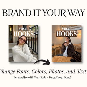 May include: A digital template display featuring the text BRAND IT YOUR WAY at the top and Change Fonts, Colors, Photos, and Text at the bottom. Two square images show the text VIRAL HOOKS overlaid on photos of individuals, connected by a black arrow.