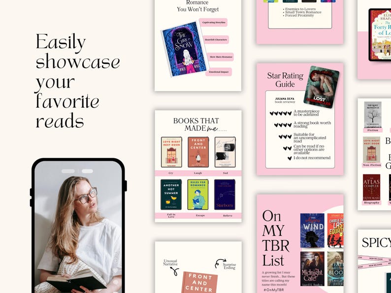 Op de afbeelding: Een digitale presentatie met boekaanbevelingen en recensies. De afbeelding toont een vrouw die een boek vasthoudt, omringd door afbeeldingen met boekomslagen, sterrenbeoordelingen en tekst als "Presenteer eenvoudig uw favoriete lezingen."