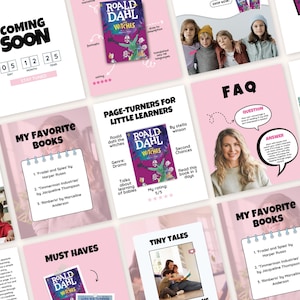 May include: A promotional graphic with pink and white squares. One square advertises "The Witches" by Roald Dahl. Other squares contain text such as "Coming Soon" and "My Favourite Books".