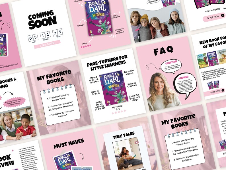 May include: A promotional graphic with pink and white squares. One square advertises "The Witches" by Roald Dahl. Other squares contain text such as "Coming Soon" and "My Favourite Books".