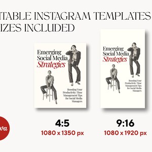 Puede incluir: Plantillas de Instagram editables en dos tama&ntilde;os. El dise&ntilde;o presenta dos maquetas de una portada de libro titulada "Emerging Social Media Strategies" con una persona con traje. Incluye relaciones de aspecto 4:5 y 9:16, con dimensiones de 1080 x 1350 px y 1080 x 1920 px.