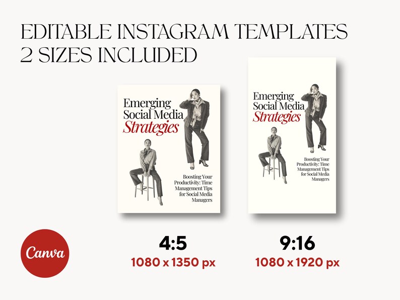 Puede incluir: Plantillas de Instagram editables en dos tama&ntilde;os. El dise&ntilde;o presenta dos maquetas de una portada de libro titulada "Emerging Social Media Strategies" con una persona con traje. Incluye relaciones de aspecto 4:5 y 9:16, con dimensiones de 1080 x 1350 px y 1080 x 1920 px.