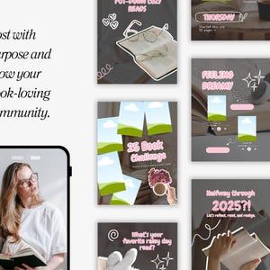 May include: A collection of social media posts with a book-loving theme. The posts feature text like "Put-down cozy reads", "25 Book Challenge", and "Halfway through 2025?!" with illustrations of books, glasses, and coffee cups. A woman is holding a book in a phone.