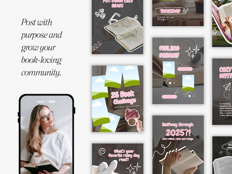 May include: A collection of social media posts with a book-loving theme. The posts feature text like "Put-down cozy reads", "25 Book Challenge", and "Halfway through 2025?!" with illustrations of books, glasses, and coffee cups. A woman is holding a book in a phone.