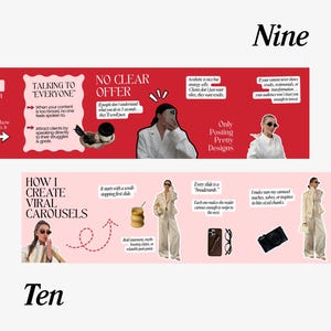 May include: A digital marketing infographic with red and pink banners. The top banner has the word "Nine" and the bottom banner has the word "Ten". The infographic includes text and images about content creation and social media marketing.