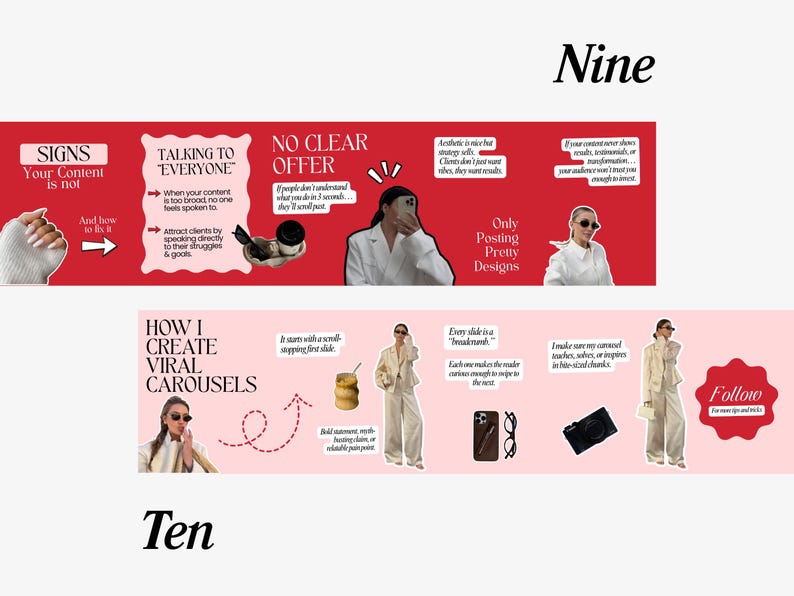 May include: A digital marketing infographic with red and pink banners. The top banner has the word "Nine" and the bottom banner has the word "Ten". The infographic includes text and images about content creation and social media marketing.