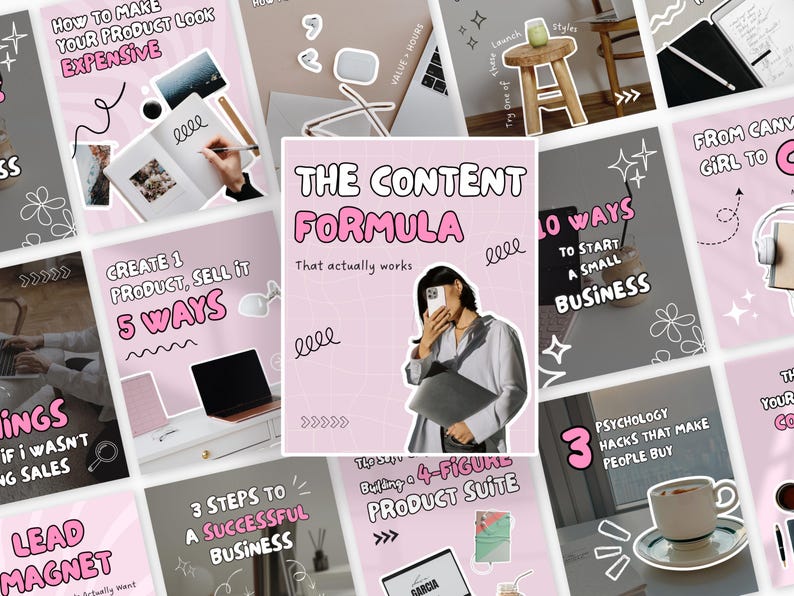 May include: A collection of pink and white graphic designs with text, including "The Content Formula," "10 Ways to Start a Small Business," and "3 Steps to a Successful Business." The images feature a person holding a phone and laptop, and other business-related elements.