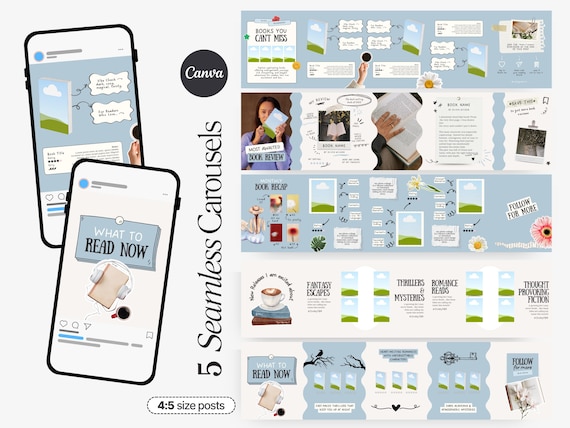 Bookstagram Canva Seamless Carousels, Trendy, Pretty Bookstagram Bundle, Bookish Social Media for Author, Book Influencers, Content Creator