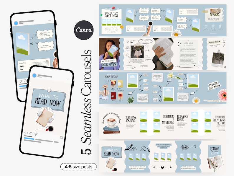 K&ouml;nnte beinhalten: Ein digitales Design mit Social-Media-Mockups und nahtlosen Karussellvorlagen. Das Design enth&auml;lt den Text "What to Read Now" und "5 Seamless Carousels". Die Vorlagen sind im Format 4:5 und enthalten Layouts f&uuml;r Buchbesprechungen und Zusammenfassungen.