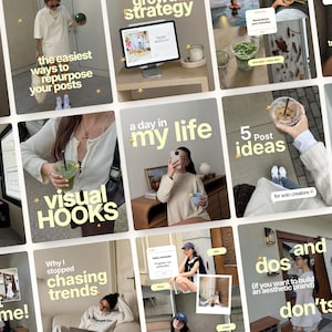 Puede incluir: Una cuadrícula de doce imágenes de publicaciones en redes sociales con fotografía de estilo de vida, superposiciones de texto y elementos gráficos. La colección incluye fotos de personas, bebidas, pantallas digitales e interiores con textos amarillos.