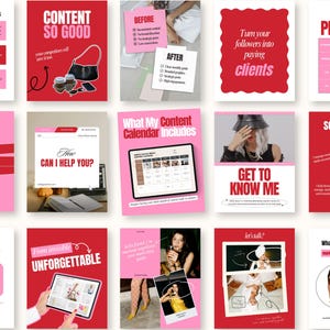 May include: A collection of pink and red social media graphics with white text. The graphics cover topics like content ideas, social media management, and marketing. Some graphics include images of a purse, a tablet, and people.