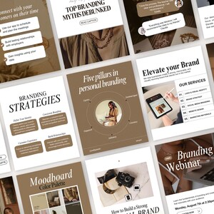 Op de afbeelding: Een verzameling marketing- en brandingmaterialen, waaronder infographics en promotiemateriaal. De afbeeldingen bevatten tekst zoals "Branding Strategies", "Elevate Your Brand" en "Branding Webinar". Het kleurenpalet is voornamelijk bruin en wit.