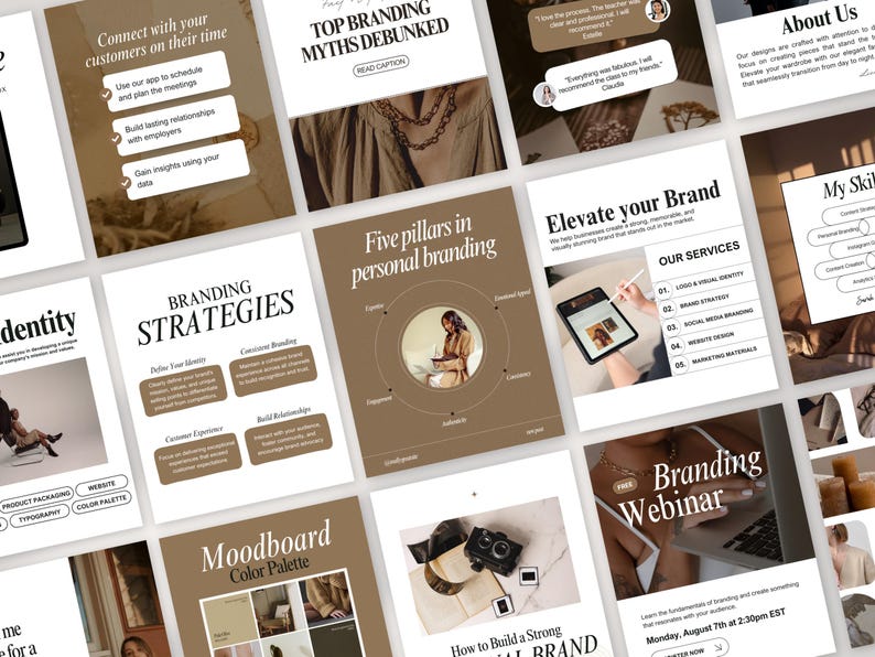 Op de afbeelding: Een verzameling marketing- en brandingmaterialen, waaronder infographics en promotiemateriaal. De afbeeldingen bevatten tekst zoals "Branding Strategies", "Elevate Your Brand" en "Branding Webinar". Het kleurenpalet is voornamelijk bruin en wit.