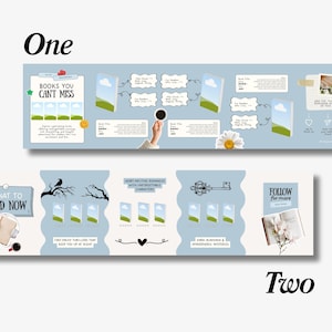 K&ouml;nnte beinhalten: Zwei hellblaue Banner mit Text und Illustrationen, die f&uuml;r B&uuml;cher werben. Das obere Banner lautet &bdquo;BOOKS YOU CAN'T MISS&ldquo; und zeigt Bilder von B&uuml;chern und eine Hand, die eine Tasse h&auml;lt. Das untere Banner lautet &bdquo;WHAT TO READ NOW&ldquo;.