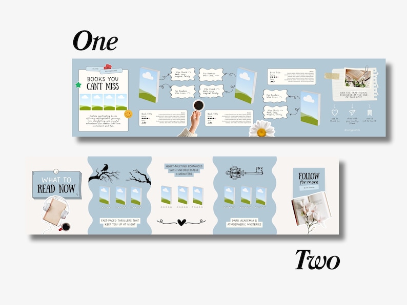 K&ouml;nnte beinhalten: Zwei hellblaue Banner mit Text und Illustrationen, die f&uuml;r B&uuml;cher werben. Das obere Banner lautet &bdquo;BOOKS YOU CAN'T MISS&ldquo; und zeigt Bilder von B&uuml;chern und eine Hand, die eine Tasse h&auml;lt. Das untere Banner lautet &bdquo;WHAT TO READ NOW&ldquo;.