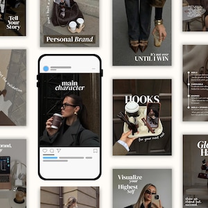 May include: A collection of social media posts with a neutral color palette. The posts include text such as "Personal Brand", "Main Character", and "Glow Up Habits". The image features a woman holding a coffee cup and a phone.