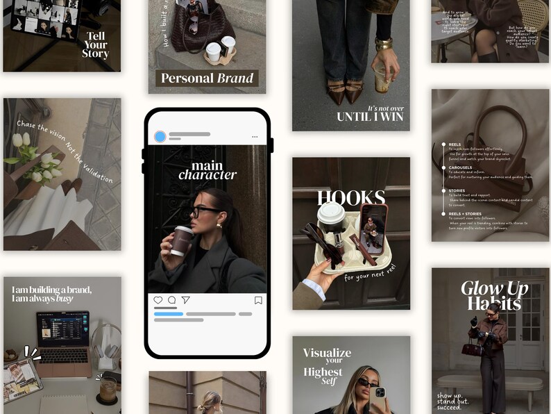 May include: A collection of social media posts with a neutral color palette. The posts include text such as "Personal Brand", "Main Character", and "Glow Up Habits". The image features a woman holding a coffee cup and a phone.