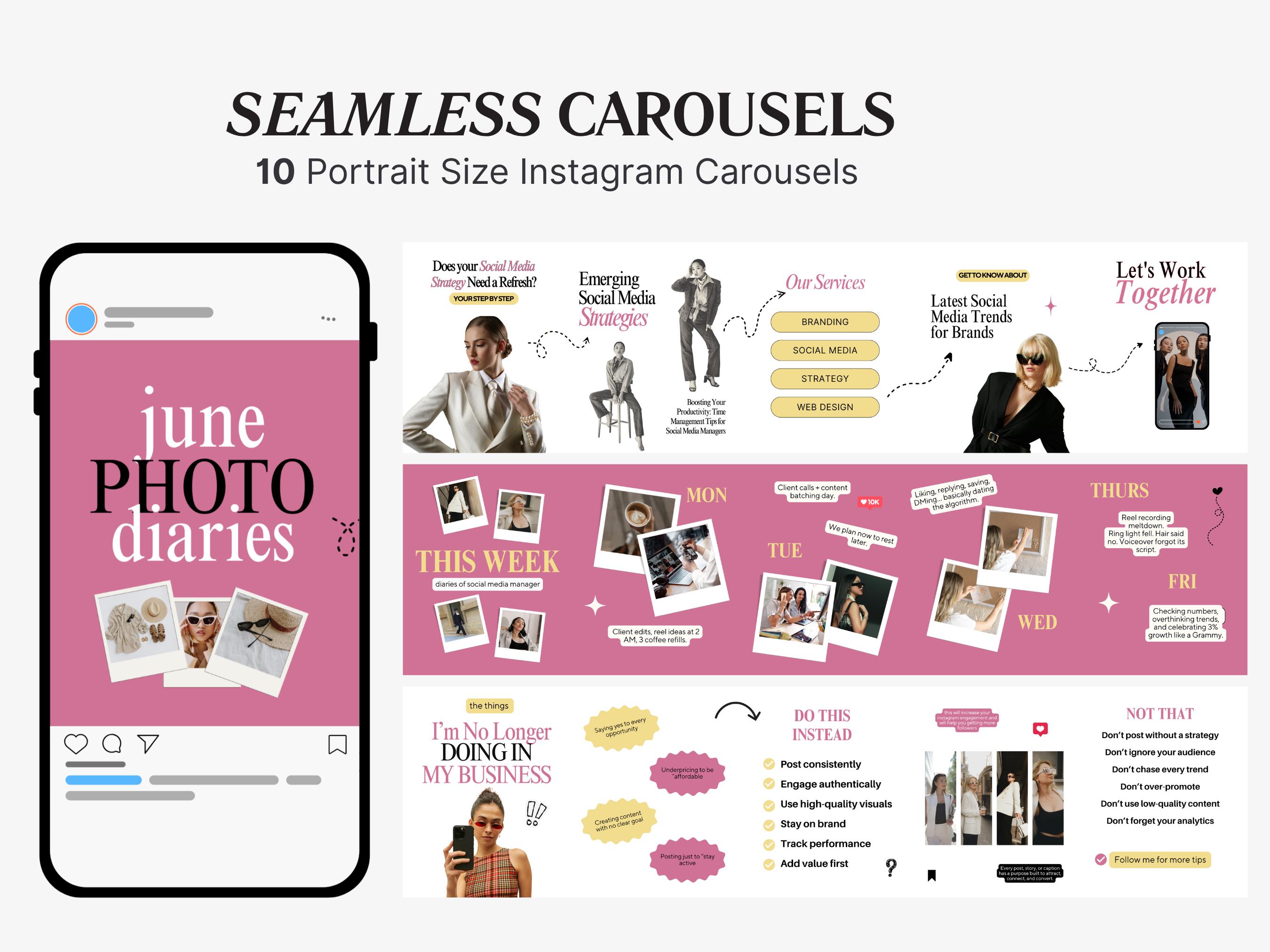Seamless Carousel Templates for Social Media Managers | Pink Bold IG Bundle for Coaches, UGC, Personal Brand, Content Creator, SMM Instagram