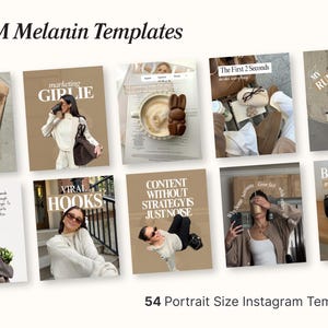 May include: A collection of 54 portrait size Instagram templates titled SMM Melanin Templates. The image displays various social media post layouts featuring neutral-toned photography, lifestyle imagery, and bold white text overlays.