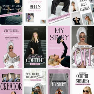 Op de afbeelding: Een verzameling roze en witte social media sjablonen met tekstoverlays. De sjablonen bevatten afbeeldingen van mensen, tekst zoals "My Story", "Growth Mode On" en "Steal Our Content", en graphics.