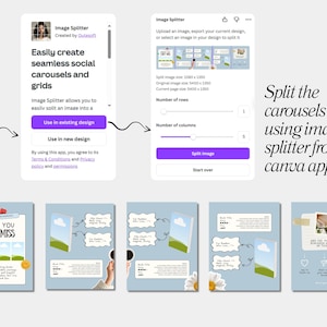 K&ouml;nnte beinhalten: Ein digitales Design, das die "Image Splitter"-Funktion der Canva-App zeigt. Die App-Oberfl&auml;che wird zusammen mit Beispielen f&uuml;r geteilte Bilder angezeigt. Der Text lautet: "Erstellen Sie ganz einfach nahtlose soziale Karussells und Raster."