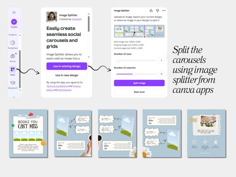 K&ouml;nnte beinhalten: Ein digitales Design, das die "Image Splitter"-Funktion der Canva-App zeigt. Die App-Oberfl&auml;che wird zusammen mit Beispielen f&uuml;r geteilte Bilder angezeigt. Der Text lautet: "Erstellen Sie ganz einfach nahtlose soziale Karussells und Raster."