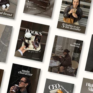 May include: A collection of magazine-style images with text and lifestyle photos. Topics include personal branding, digital marketing, and habits. One image shows the text "HOOKS for your next reel". Another image has the text "5 habits to try this december".