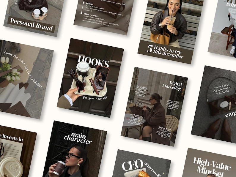 May include: A collection of magazine-style images with text and lifestyle photos. Topics include personal branding, digital marketing, and habits. One image shows the text "HOOKS for your next reel". Another image has the text "5 habits to try this december".