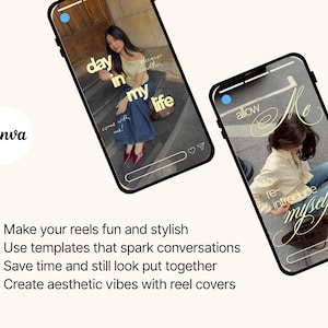 May include: Two smartphones displaying social media templates with yellow text overlays. The left screen shows 'day in my life' and 'come with me!' while the right screen displays 'allow me to re-introduce myself' over images of people in casual clothing.