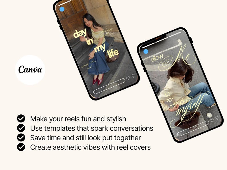 May include: Two smartphones displaying social media templates with yellow text overlays. The left screen shows 'day in my life' and 'come with me!' while the right screen displays 'allow me to re-introduce myself' over images of people in casual clothing.