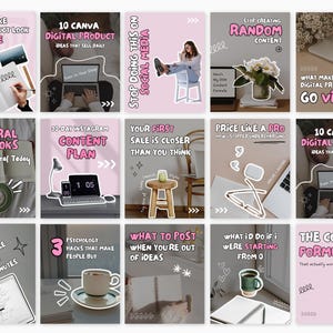 May include: A collection of pink and white social media graphics with text. Topics include digital products, content creation, and marketing strategies. Images include laptops, notebooks, and a person on a chair.